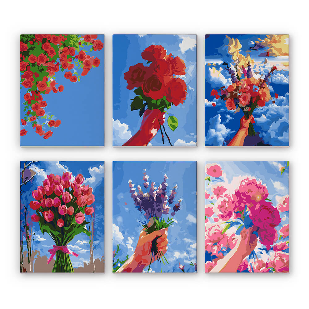 Bouquets de Fleurs sous Ciel Bleu 6 Mini Peintures par Numéros