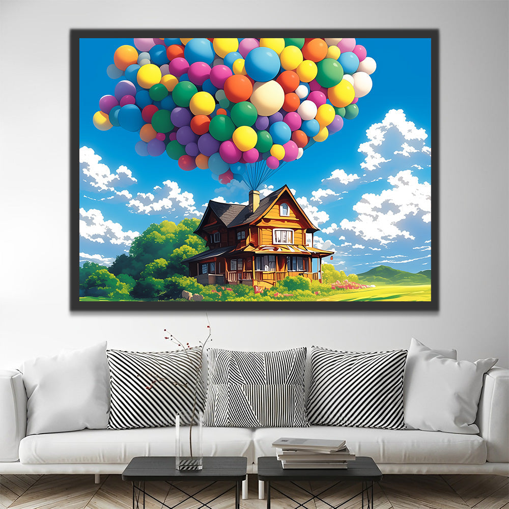 Cabane avec Ballons Colorés sur la Prairie Peinture par Numéros