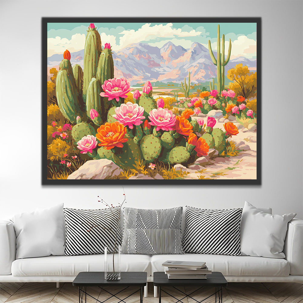 Cactus avec Fleurs Roses et Oranges Peinture par Numéros