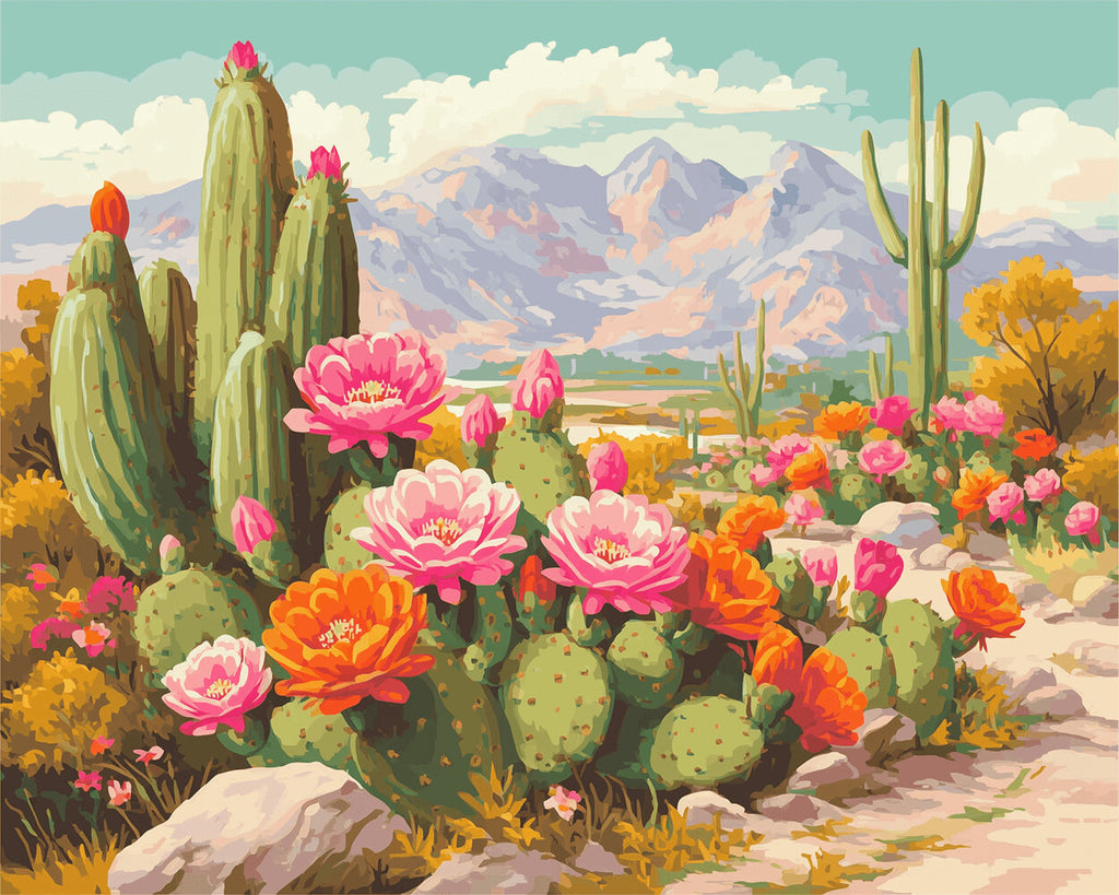 Cactus avec Fleurs Roses et Oranges Peinture par Numéros
