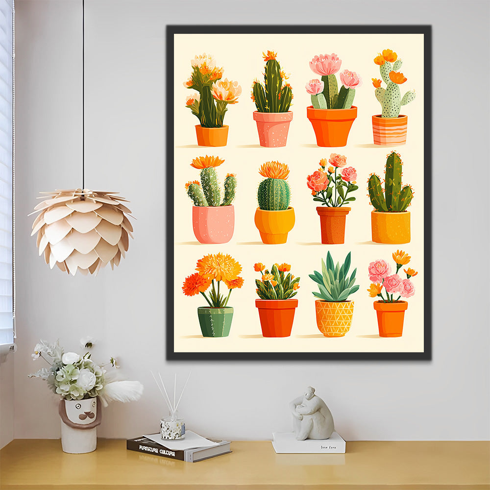 Cactus en Pot et Fleurs Peinture par Numéros
