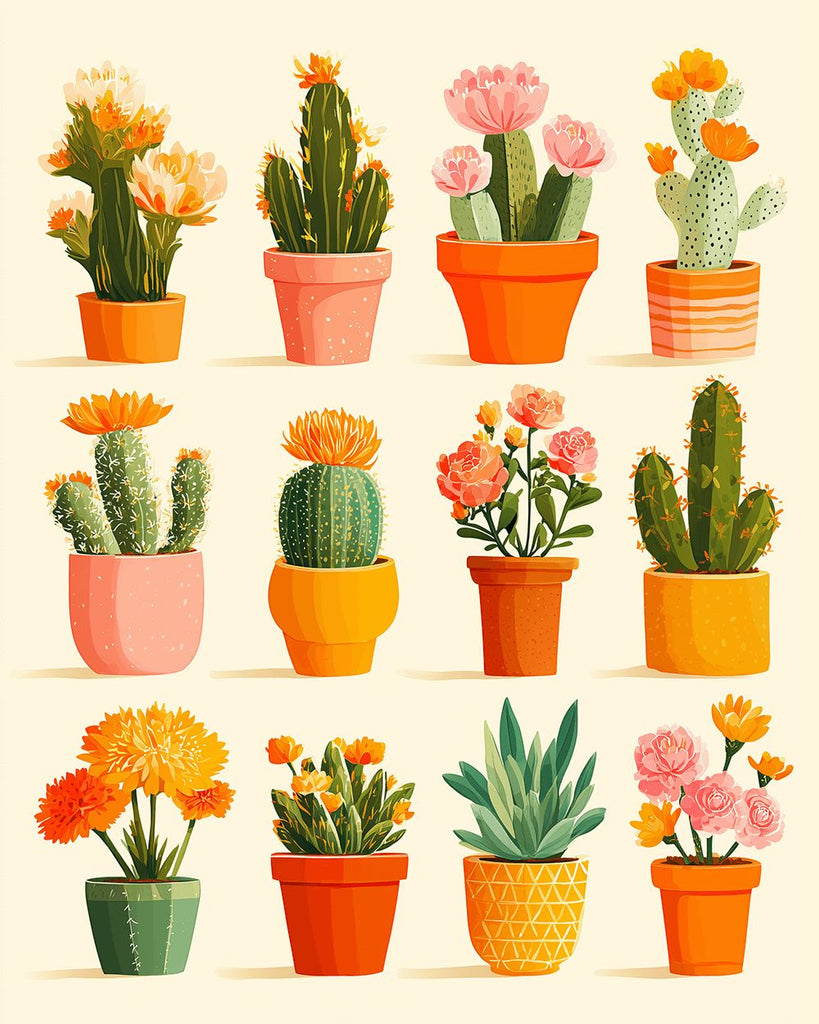 Cactus en Pot et Fleurs Peinture par Numéros