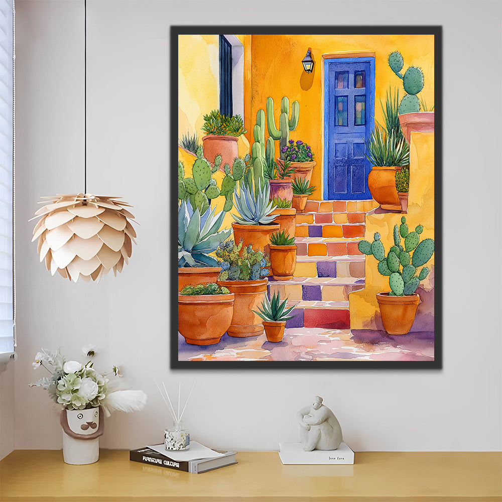 Cactus en Pot sur les Marches de la Porte Peinture par Numéros