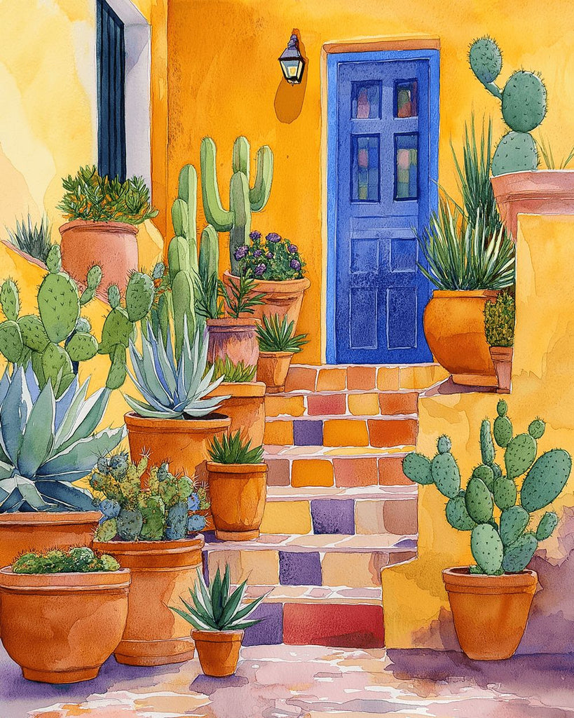 Cactus en Pot sur les Marches de la Porte Peinture par Numéros
