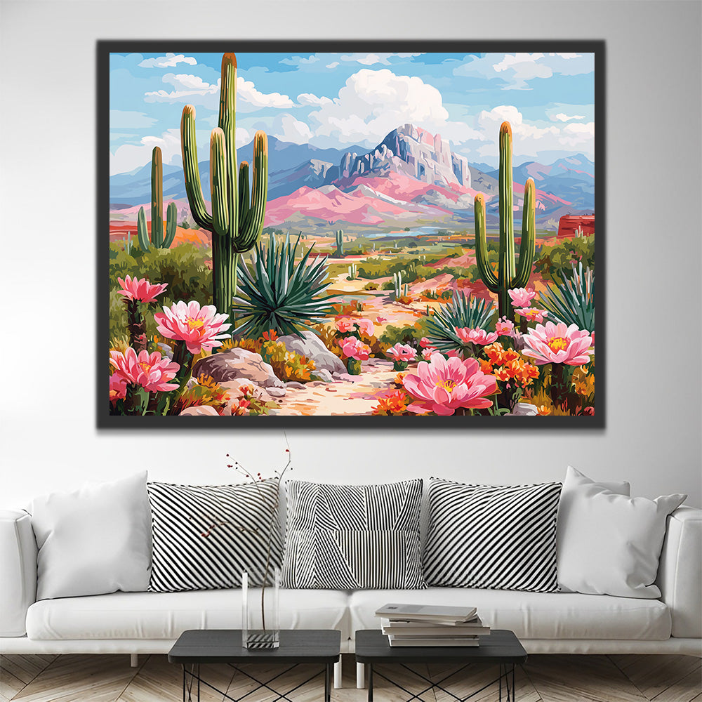 Cactus Fleurissant au Pied de la Montagne Peinture par Numéros