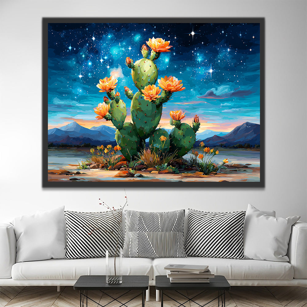 Cactus Fleurissant sous le Ciel Étoilé Peinture par Numéros