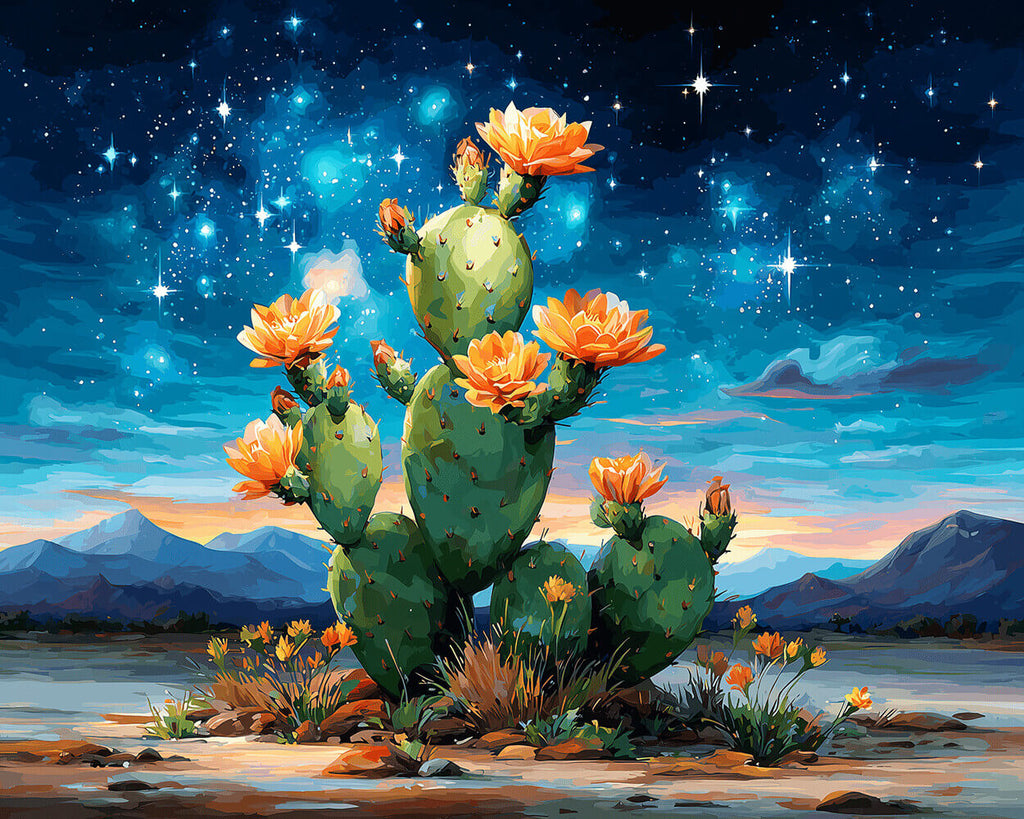 Cactus Fleurissant sous le Ciel Étoilé Peinture par Numéros