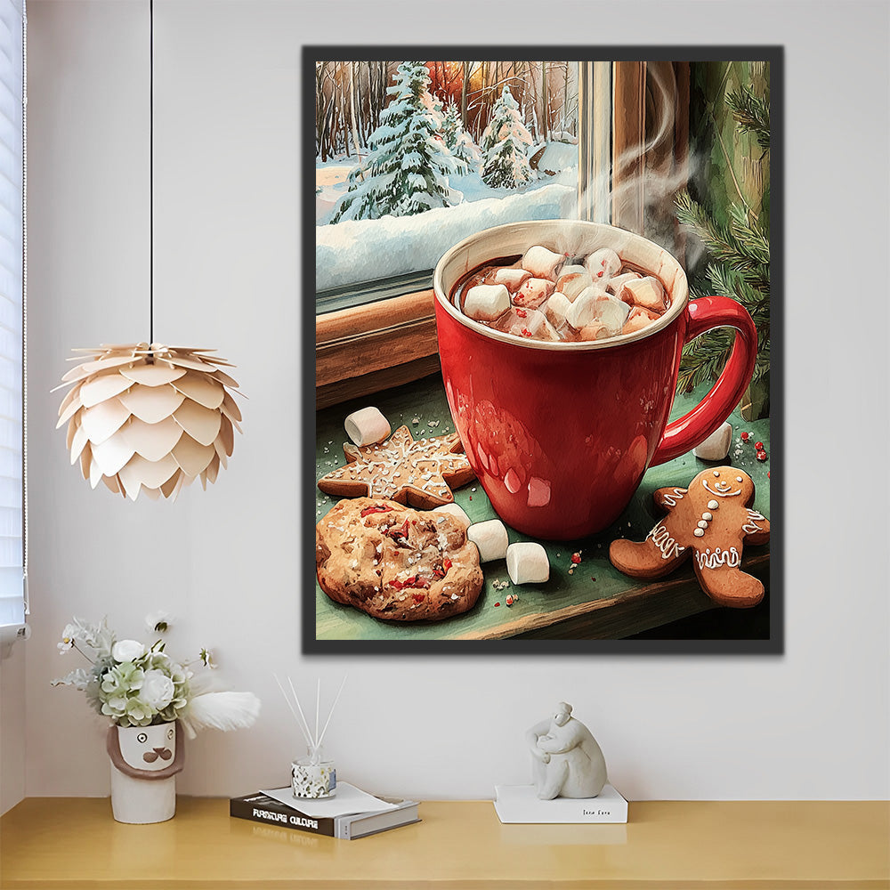 Café au Marshmallow de Noël sur le Rebord de la Fenêtre Peinture par Numéros