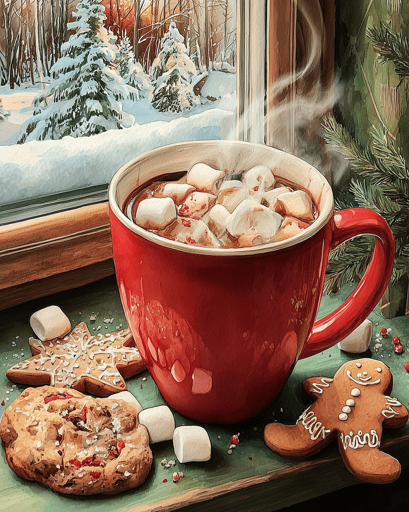 Café au Marshmallow de Noël sur le Rebord de la Fenêtre Peinture par Numéros