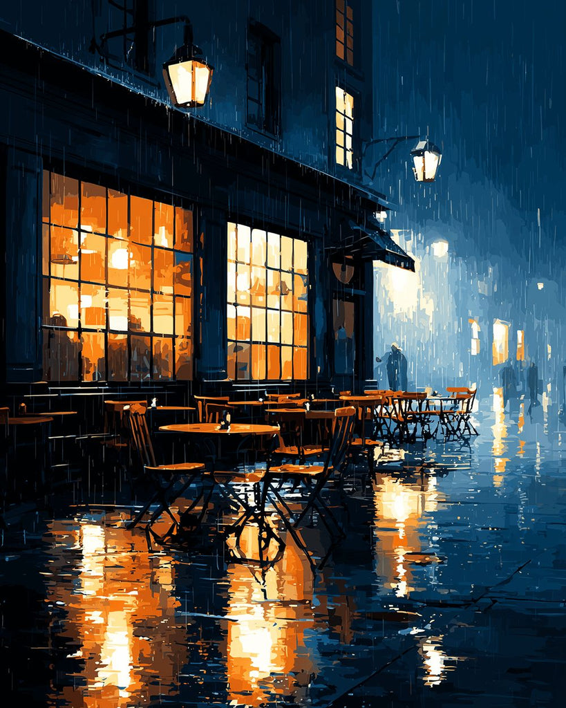 Café en Ville sous la Pluie Peinture par Numéros