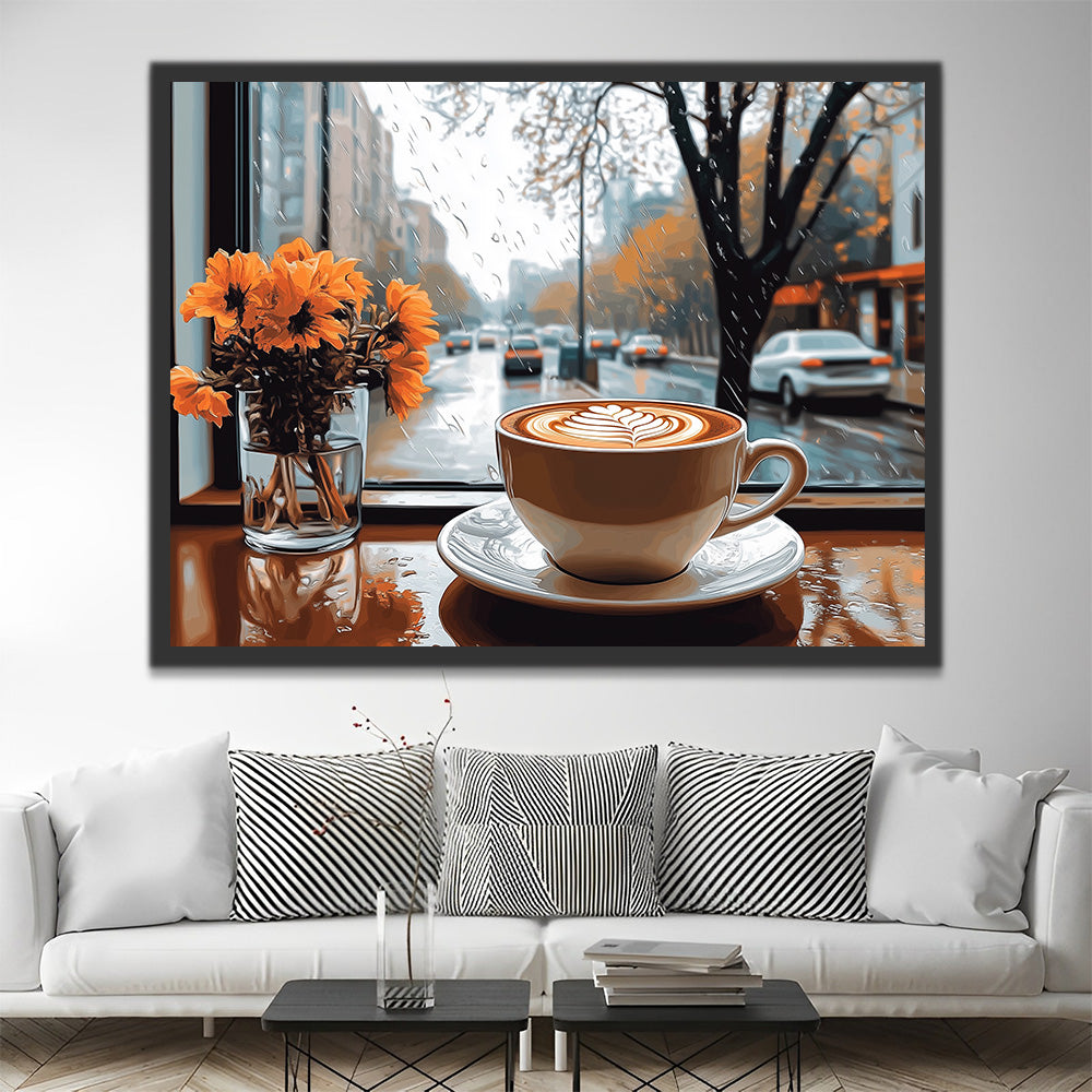Café et Fleurs Oranges par un Jour de Pluie Peinture par Numéros