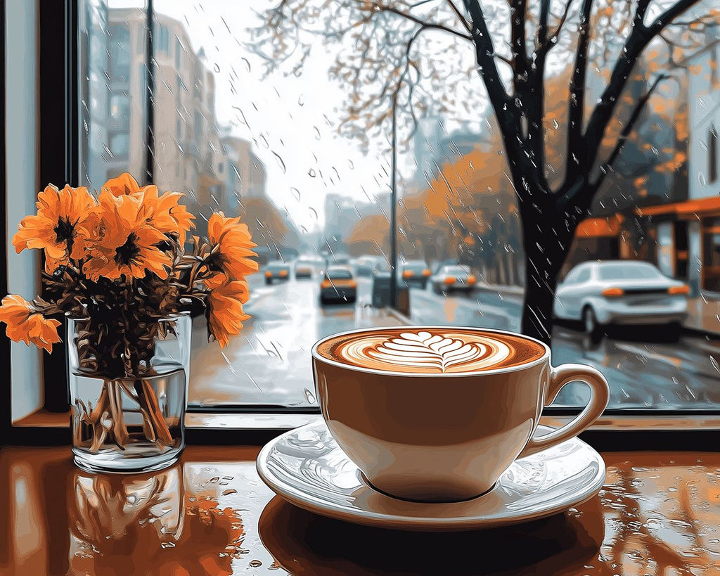 Café et Fleurs Oranges par un Jour de Pluie Peinture par Numéros
