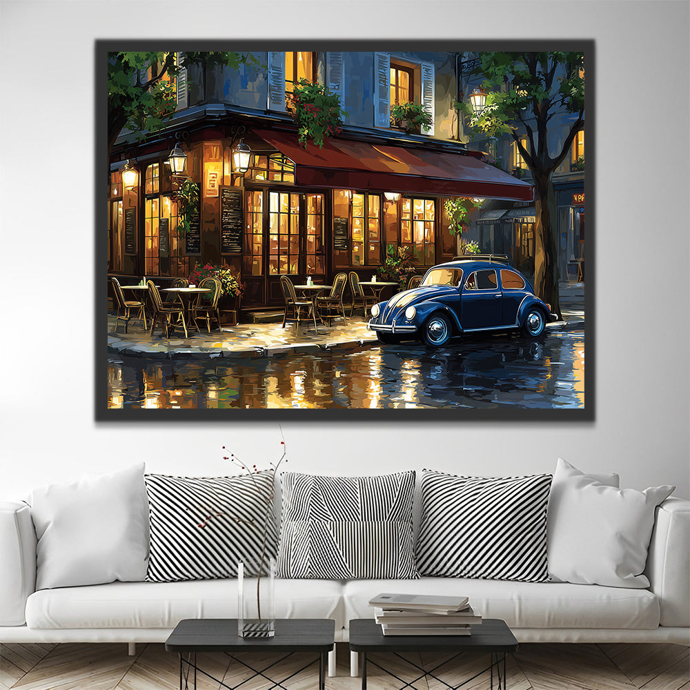 Café et Voiture sous la Pluie la Nuit Peinture par Numéros