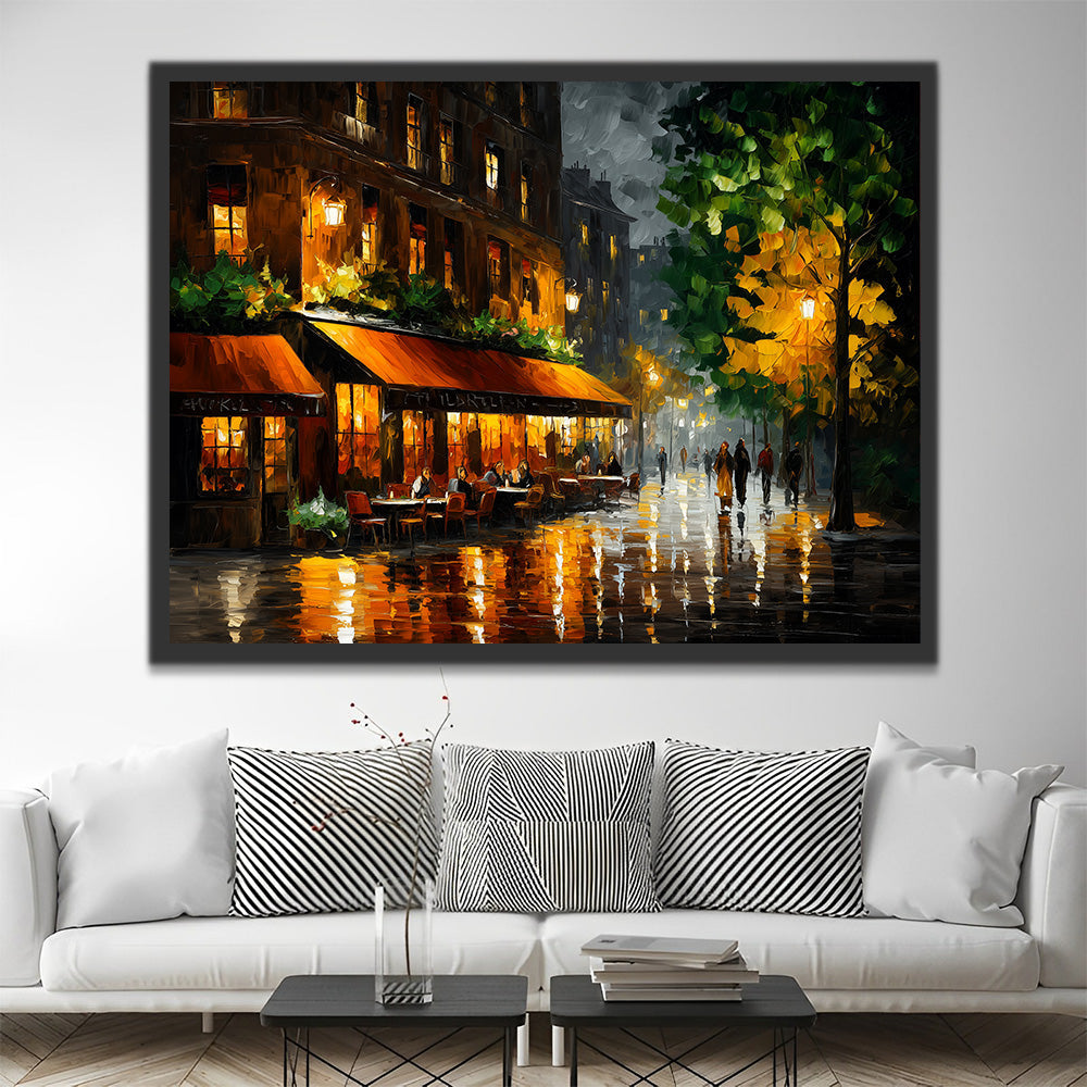 Café sous la Pluie la Nuit Peinture par Numéros