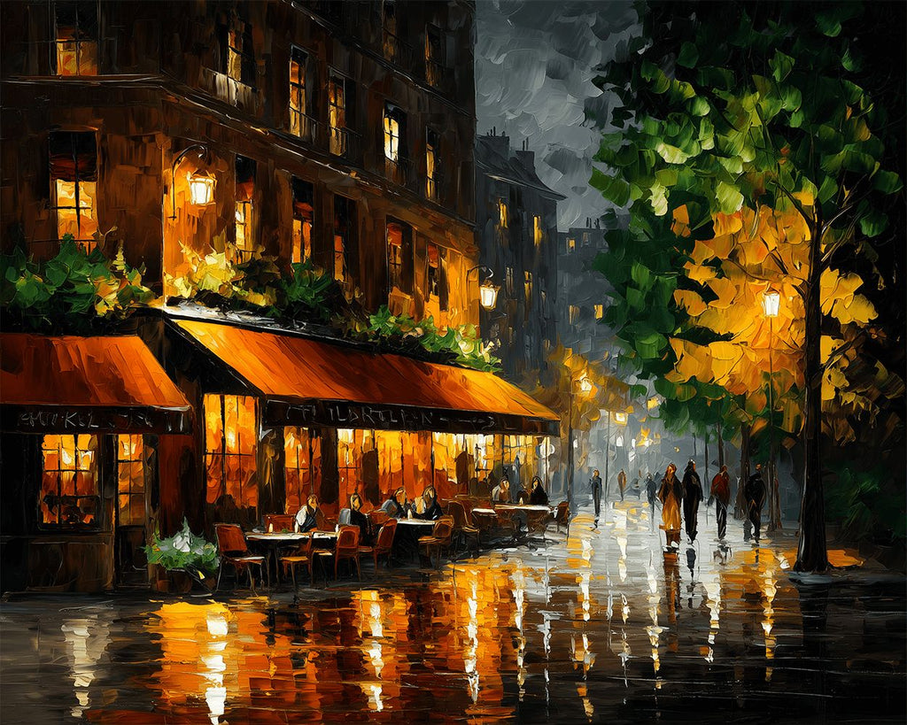 Café sous la Pluie la Nuit Peinture par Numéros