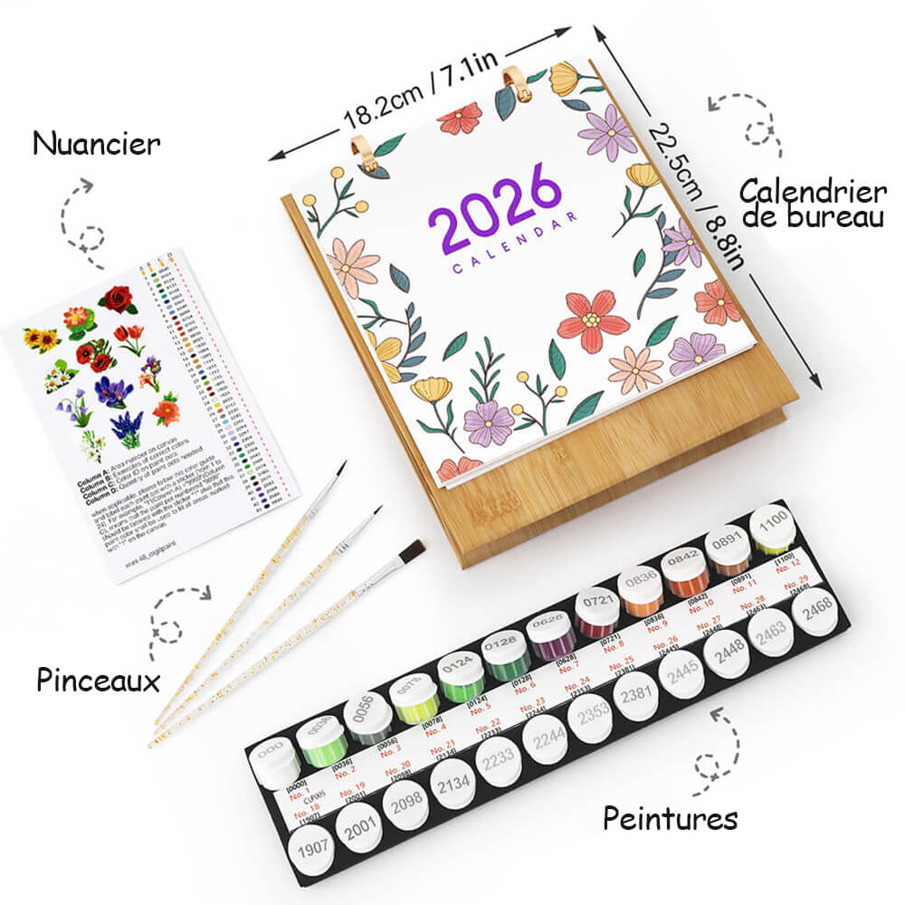 Calendrier de Bureau 2026 Peinture par Numéros | Fleurs Magnifiques