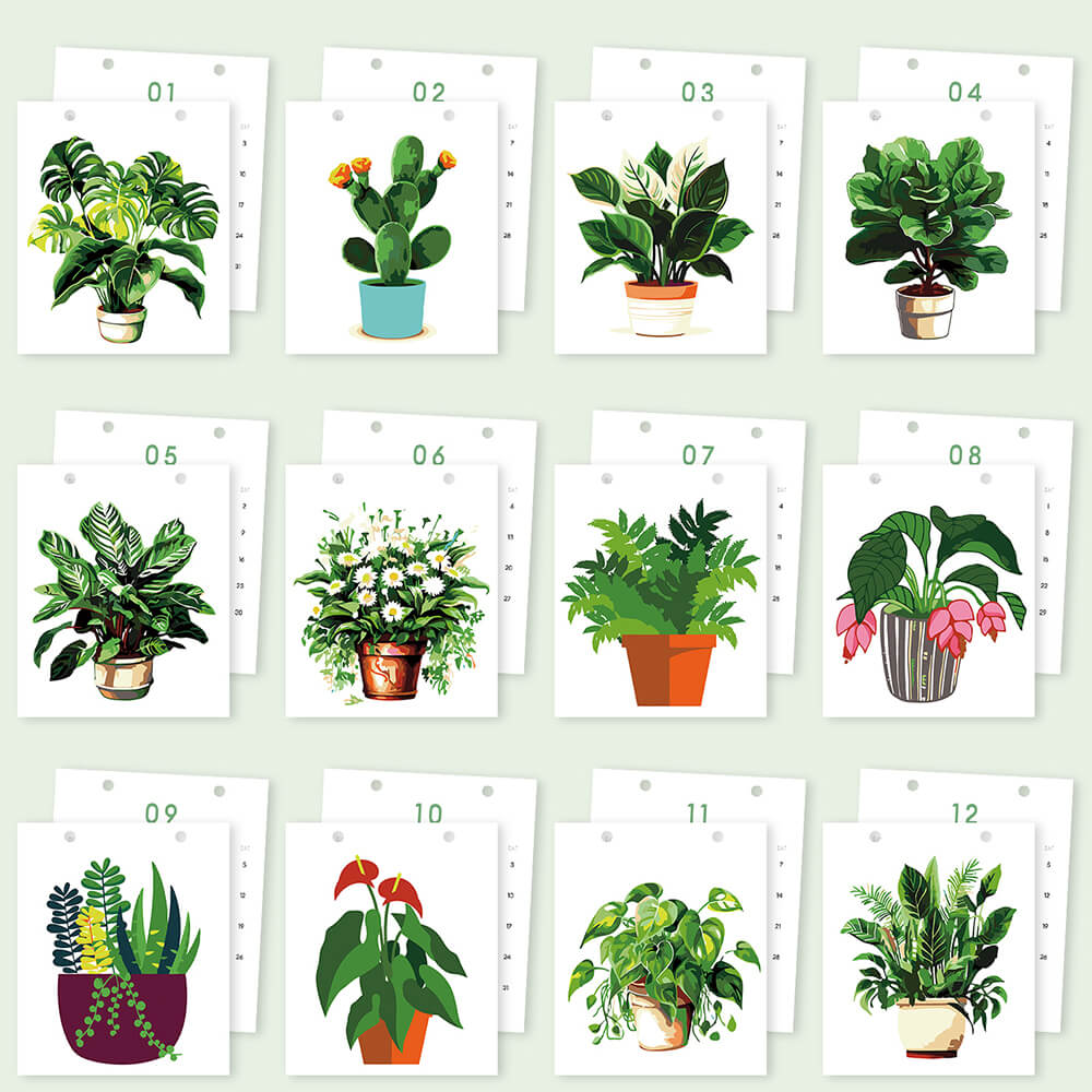 Calendrier de Bureau 2026 Peinture par Numéros | Plantes en Pot Vertes