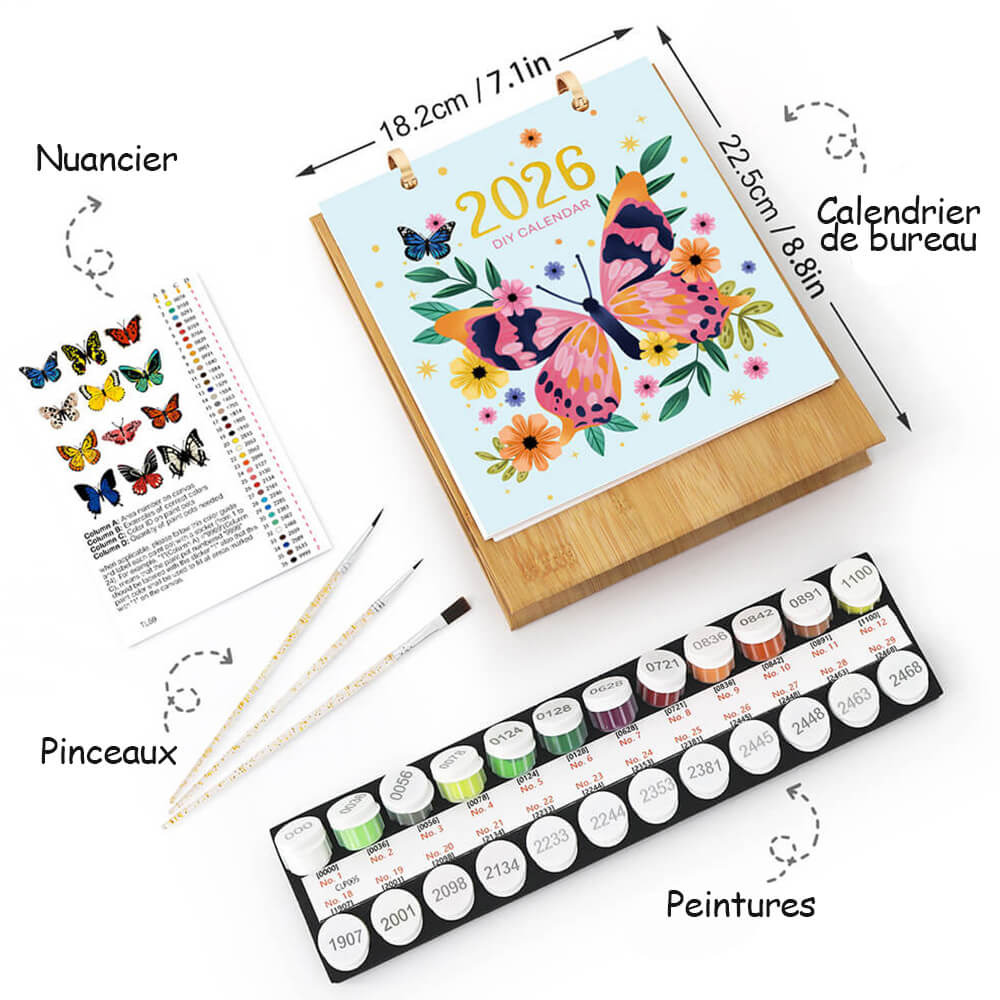Calendrier de Bureau 2026 Peinture par Numéros | Spécimens de Papillons Colorés