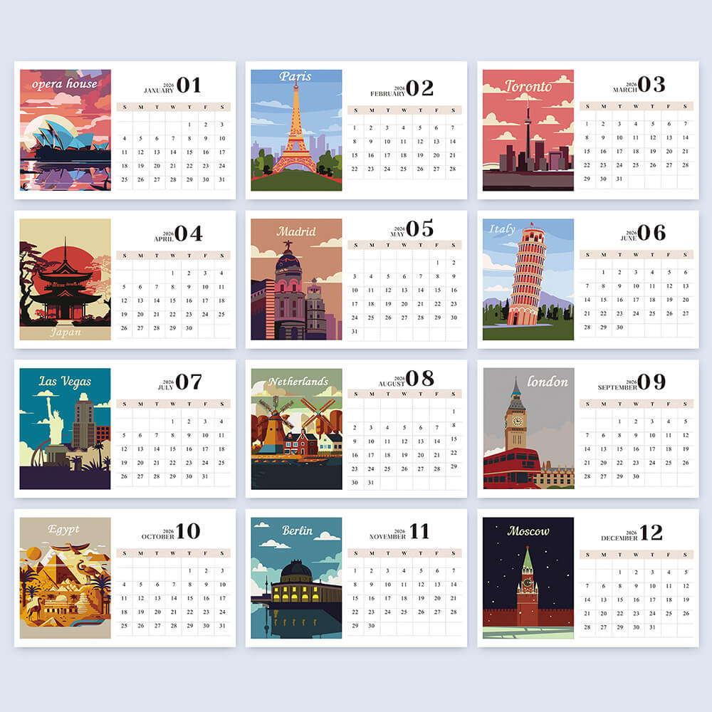 Calendrier Mural 2026 Peinture par Numéros | Monuments Célèbres de Villes
