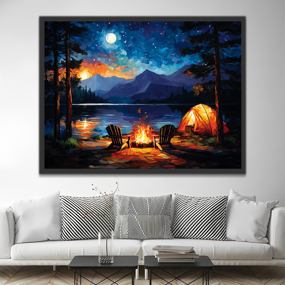 Camping au Bord du Lac et Feux de Camp Peinture par Numéros