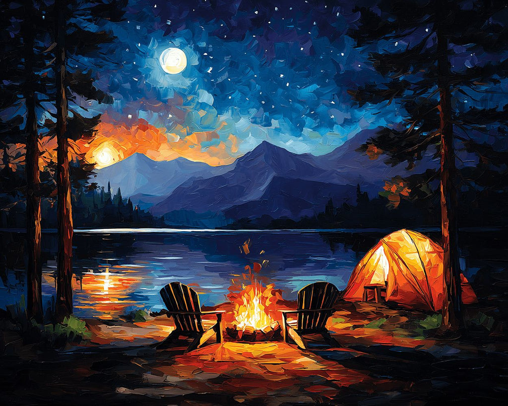 Camping au Bord du Lac et Feux de Camp Peinture par Numéros