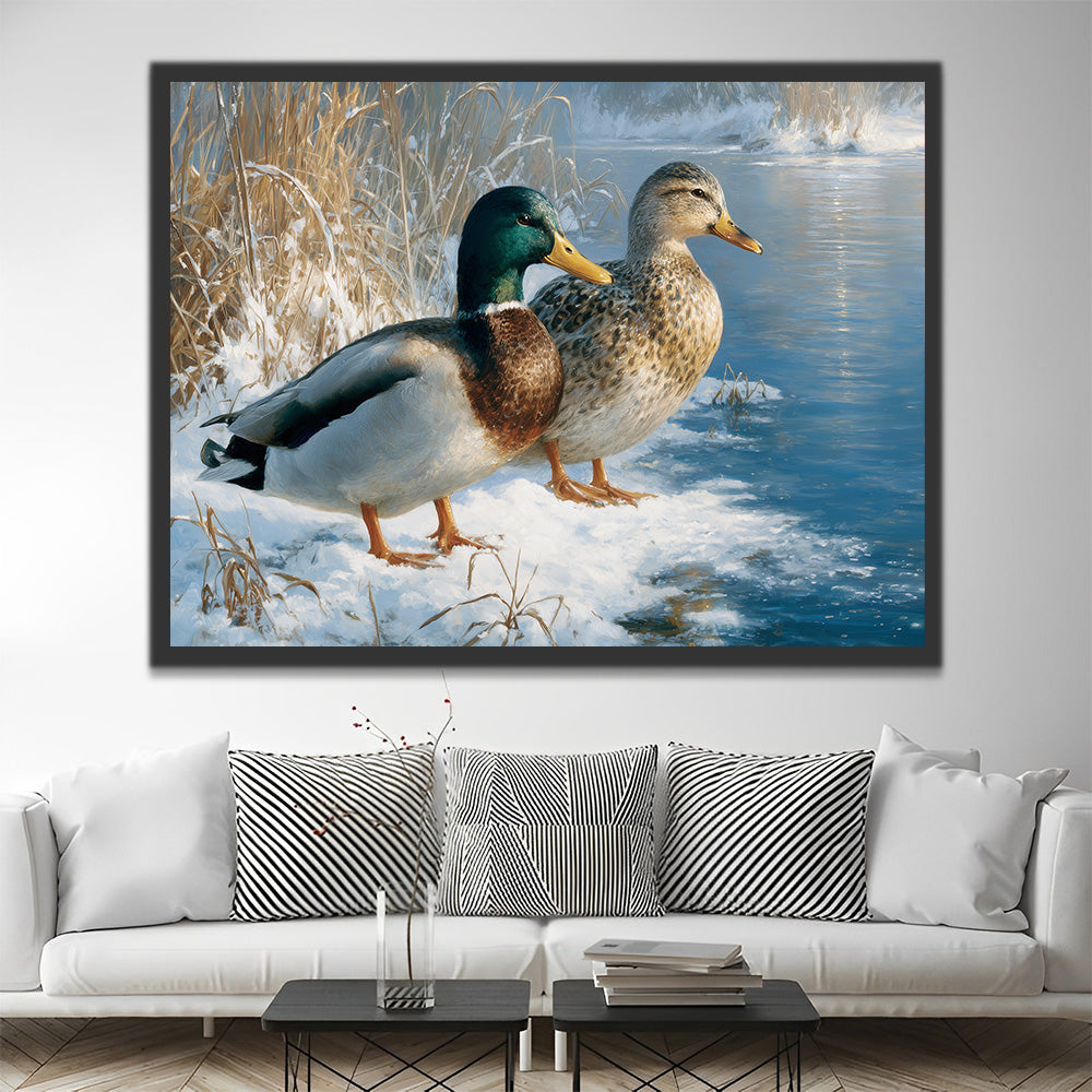 Canards Sauvages au Bord de la Rivière Hivernale Peinture par Numéros
