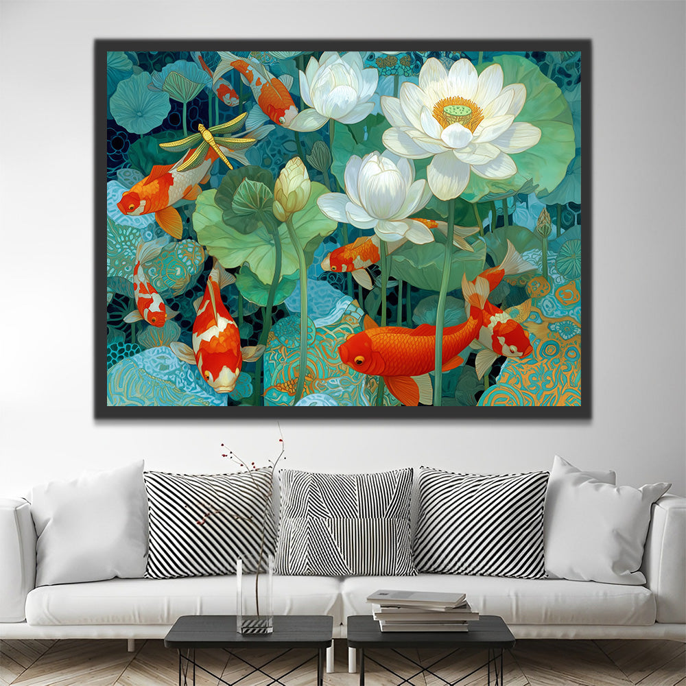 Carpe Koï Rouge dans l'Étang aux Lotus Blancs Peinture par Numéros