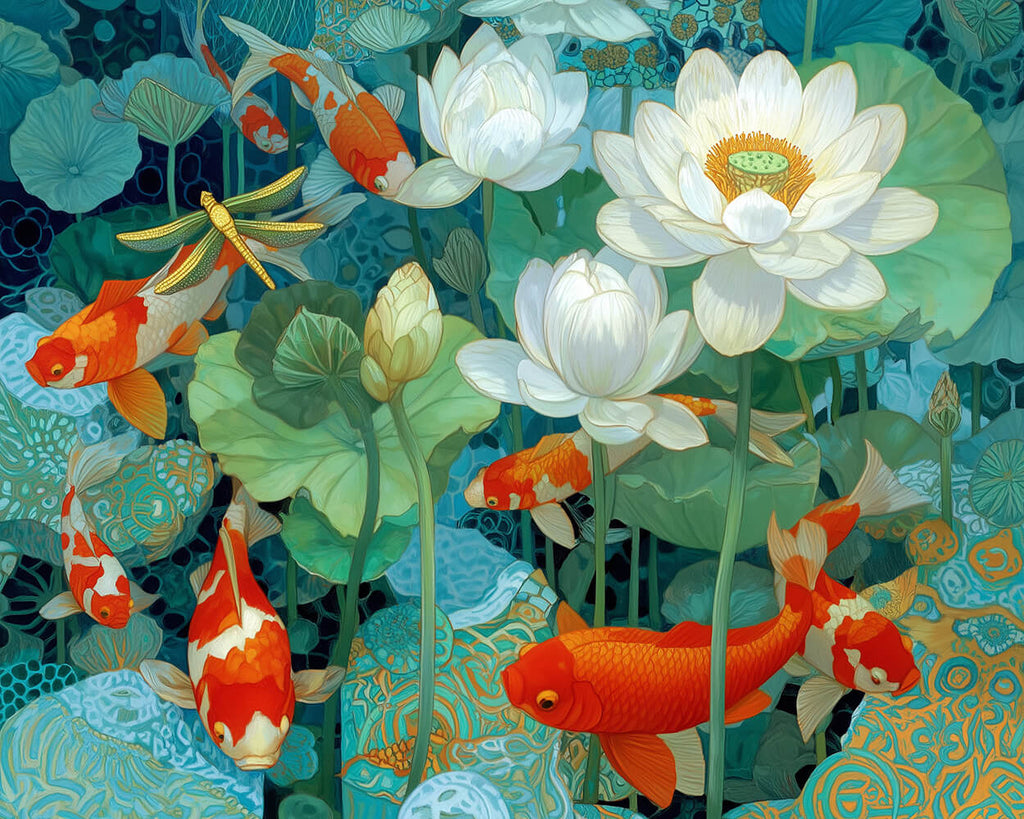 Carpe Koï Rouge dans l'Étang aux Lotus Blancs Peinture par Numéros