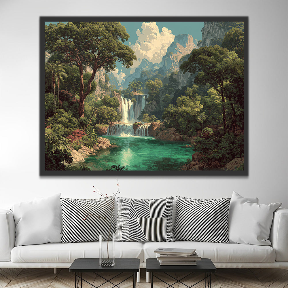 Cascade et Arbres Luxuriants dans les Montagnes Peinture par Numéros