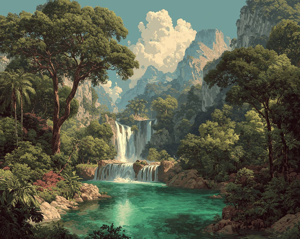 Cascade et Arbres Luxuriants dans les Montagnes Peinture par Numéros