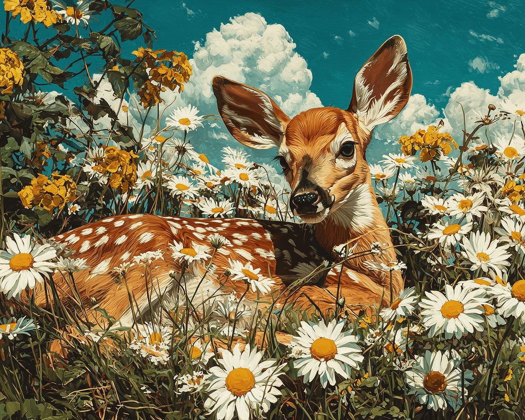 Cerf Sika Couché parmi les Marguerites Peinture par Numéros