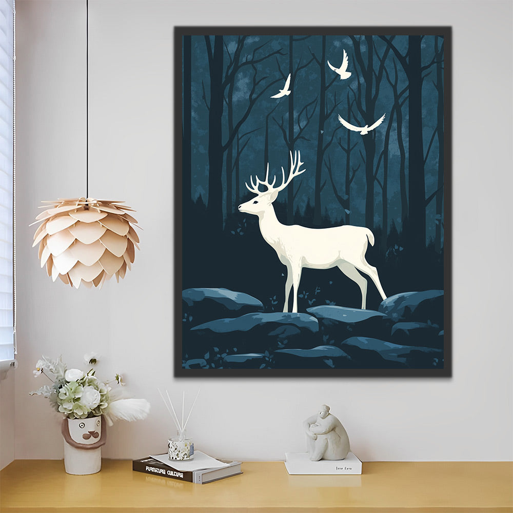 Cerfs Blancs et Oiseaux dans la Forêt la Nuit Peinture par Numéros