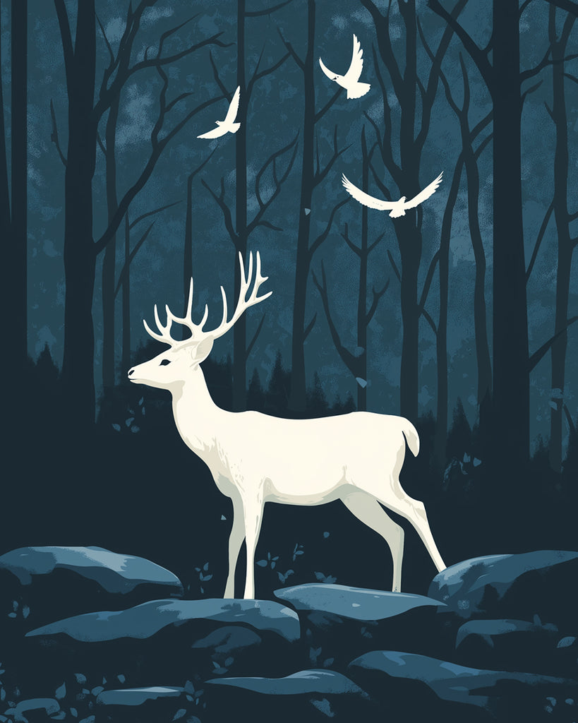 Cerfs Blancs et Oiseaux dans la Forêt la Nuit Peinture par Numéros