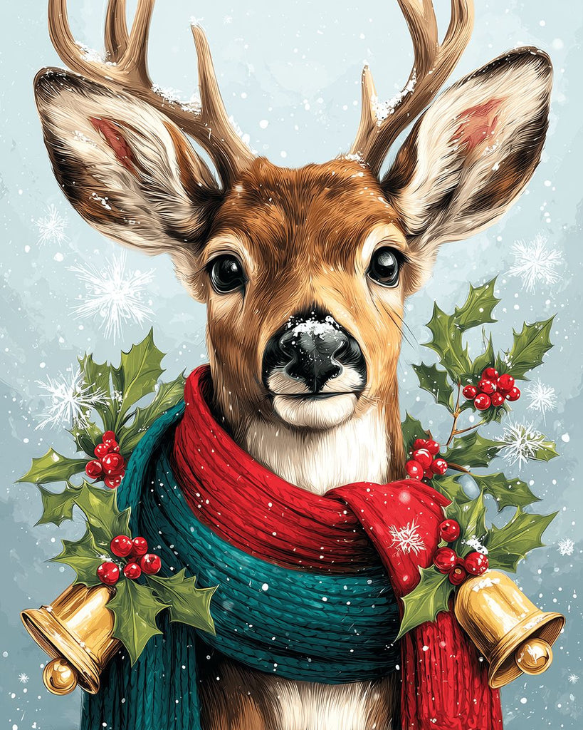 Cerfs de Noël portant des Écharpes Rouges et Vertes Peinture par Numéros