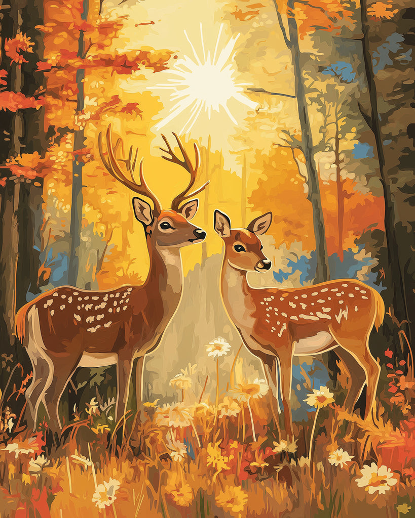 Cerfs Sika et Marguerites dans la Forêt D'automne Peinture par Numéros