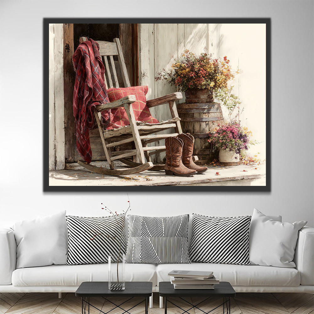 Chaise à Bascule en Bois et Bottes Rouges Peinture par Numéros