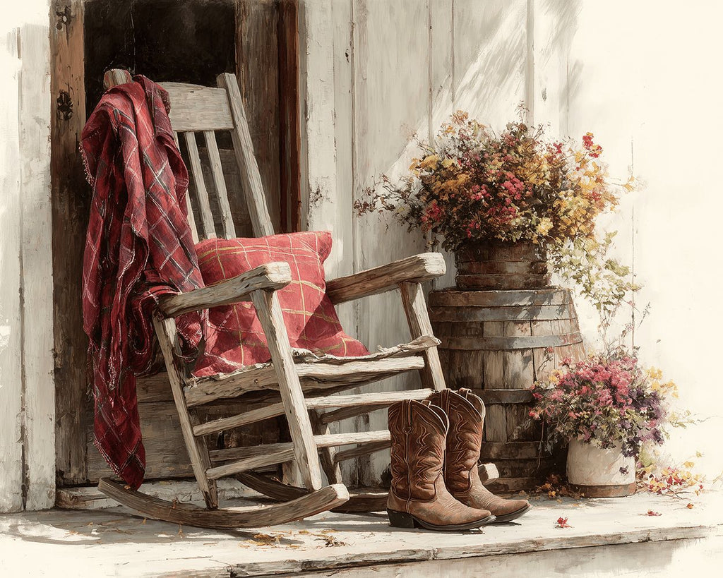 Chaise à Bascule en Bois et Bottes Rouges Peinture par Numéros