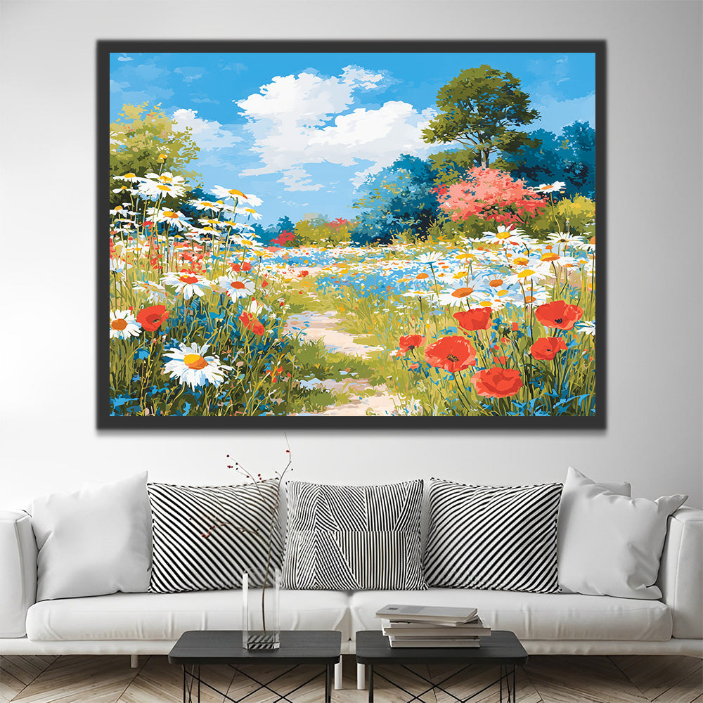 Champ de Marguerites Blanches et de Coquelicots Rouges Peinture par Numéros