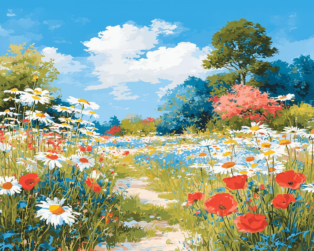 Champ de Marguerites Blanches et de Coquelicots Rouges Peinture par Numéros