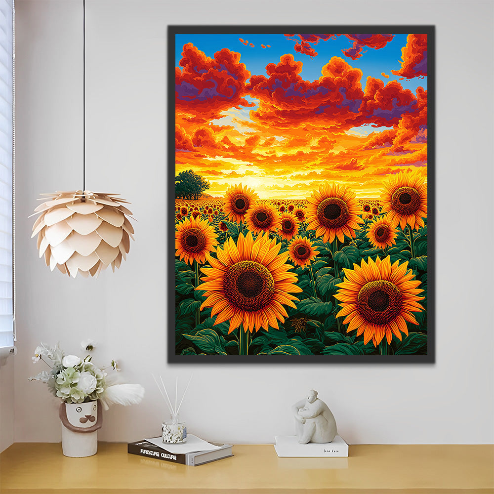 Champ de Tournesols sous les Nuages de Feu Peinture par Numéros