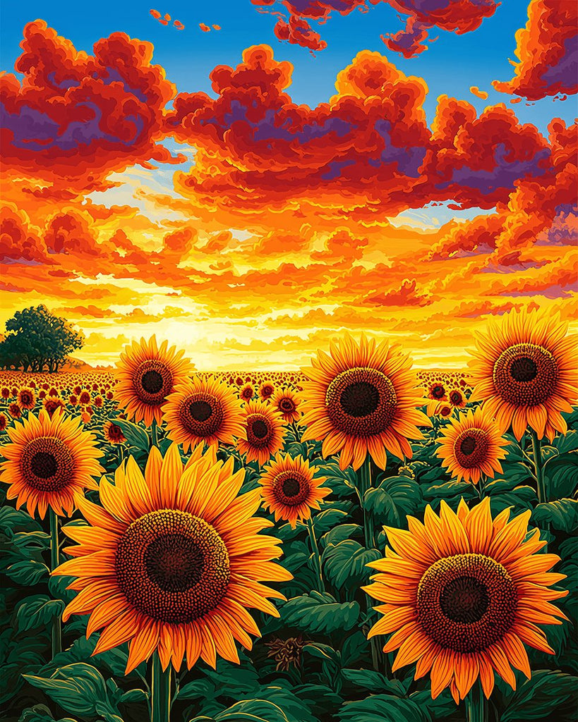 Champ de Tournesols sous les Nuages de Feu Peinture par Numéros