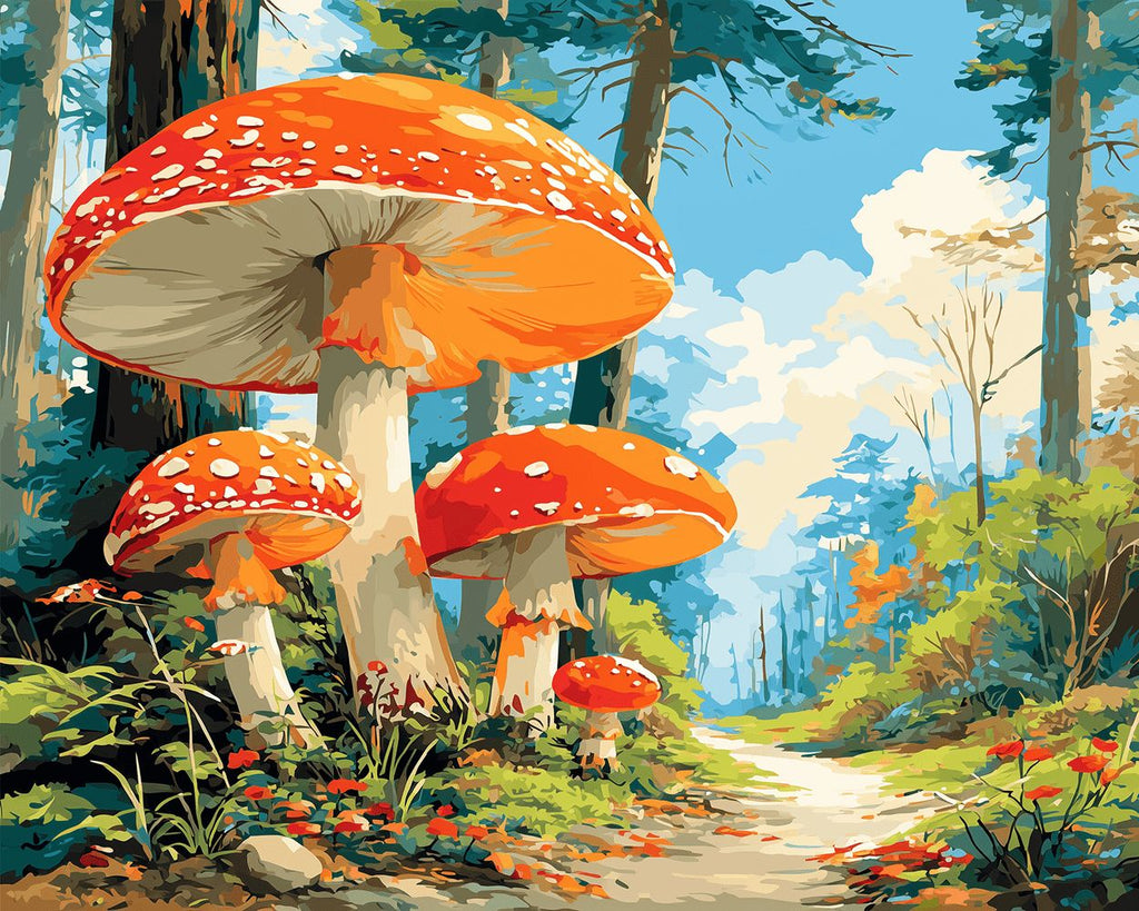 Champignons Géants au Bord d’un Sentier Forestier Peinture par Numéros