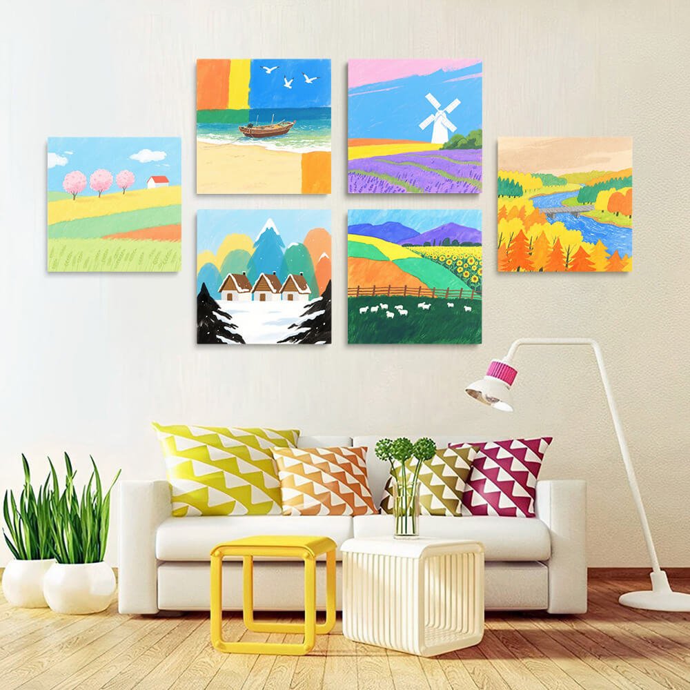 Champs Colorés à Travers les Quatre Saisons 6 Mini Peintures par Numéros