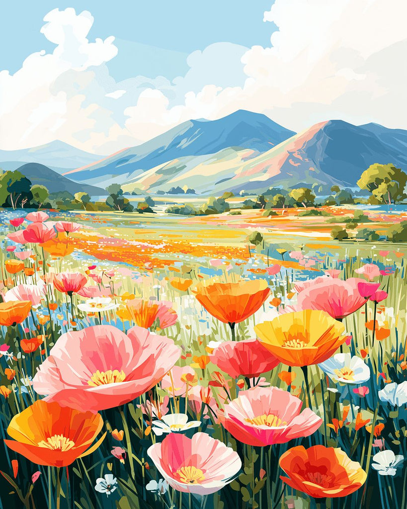 Champs de Coquelicots au Pied de la Montagne Peinture par Numéros
