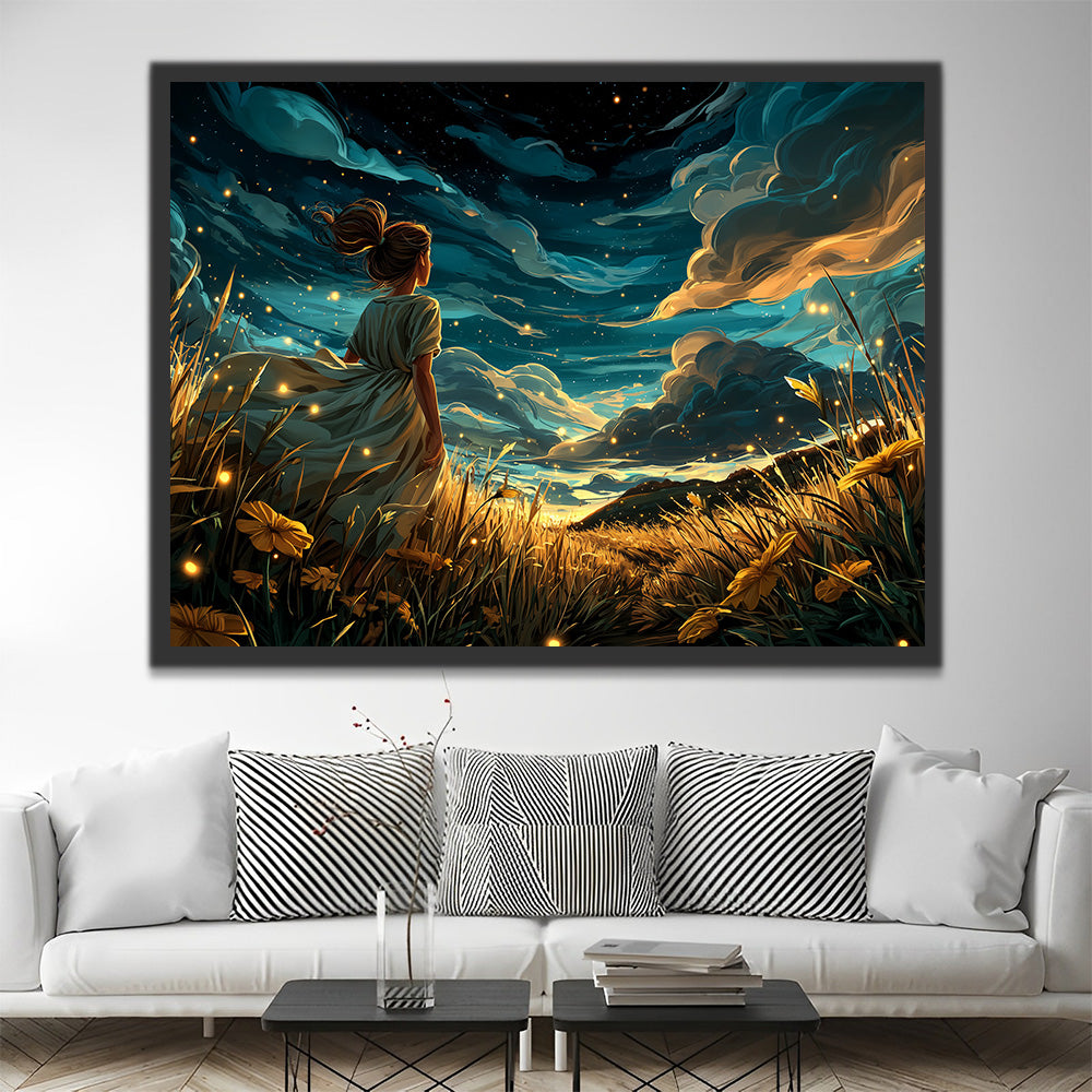 Champs Dorés et Fille sous les Nuages Sombres Peinture par Numéros