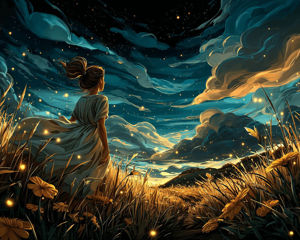 Champs Dorés et Fille sous les Nuages Sombres Peinture par Numéros