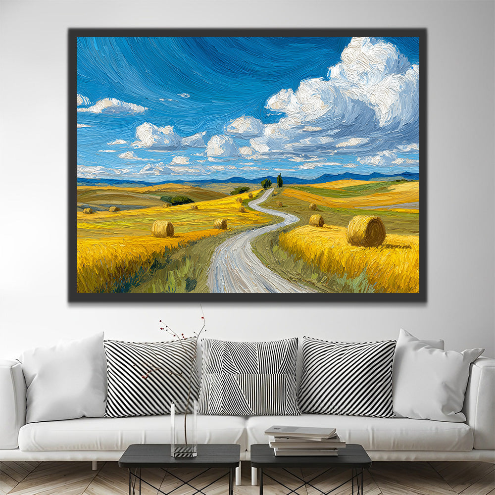 Champs Dorés sous Ciel Bleu et Nuages Blancs Peinture par Numéros