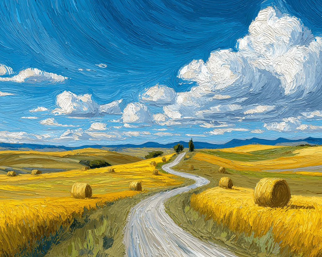 Champs Dorés sous Ciel Bleu et Nuages Blancs Peinture par Numéros