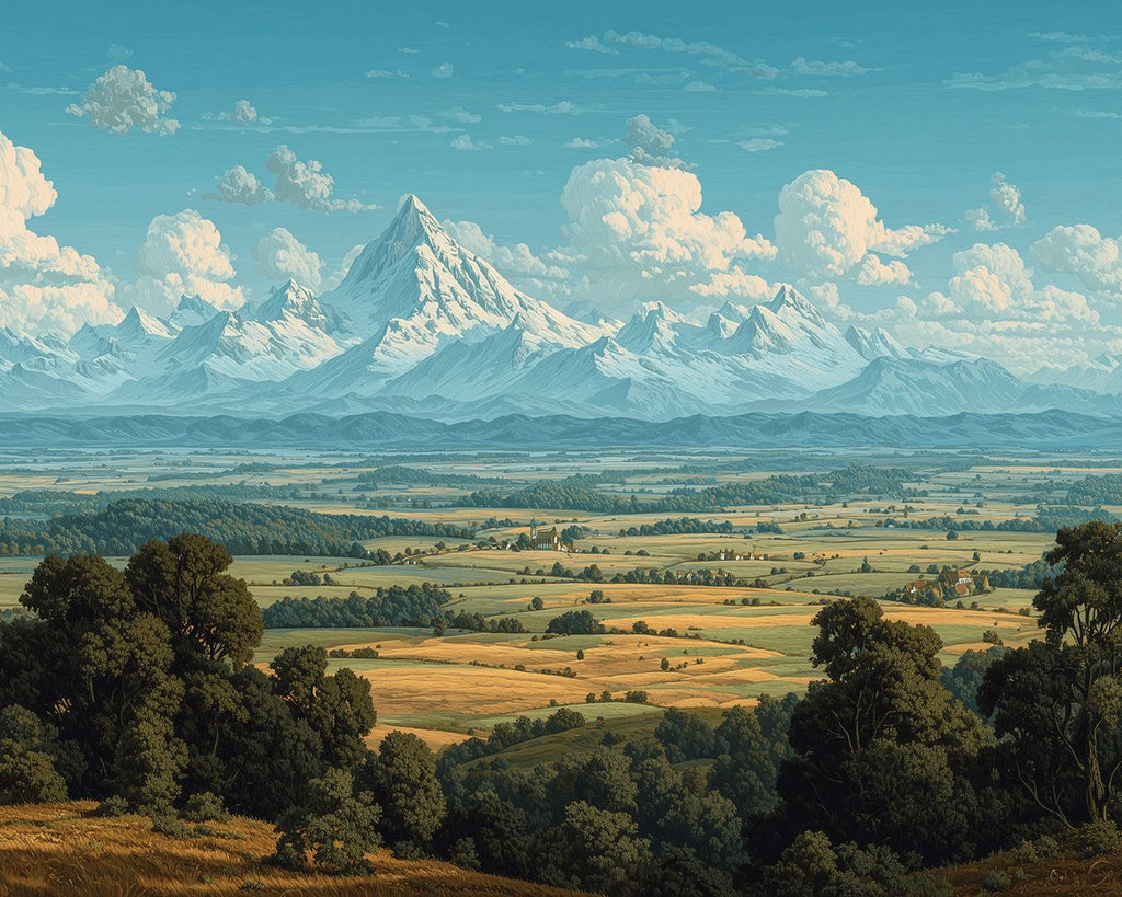 Champs Verts au Pied des Montagnes Enneigées Peinture par Numéros