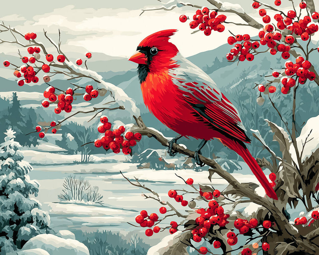 Chardonneret sur un Arbre à Baies d’Hiver Peinture par Numéros